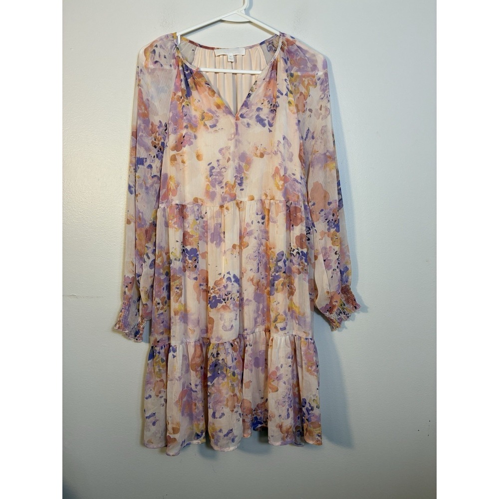 Adyson Parker Chiffon Floral Tired Dress Long Sleeve Sz M V Neck Boho Cottage